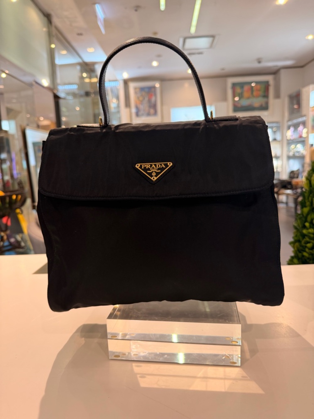 Prada Black Nylon Top-Handle Satchel with Gold Logo